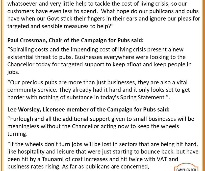 Publicans anger as Chancellor ignores the existential threat to pubs from the cost-of-living crisis offering no new help at all in the Spring Statement